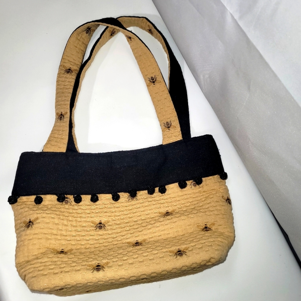 BUMBLE BEE Black/Gold Quilted Tote Bag with Beads  Handmade